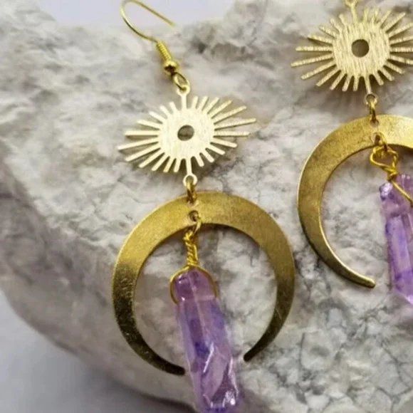 Celestial Sun and Moon Crystal Dangle Earrings - Picture 3 of 3